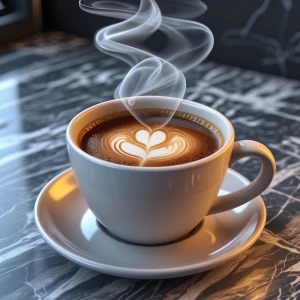 A freshly poured cup of coffee on a marble counter, with steam c...