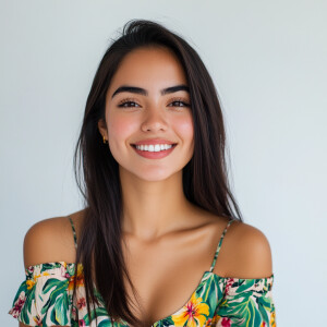 A cute woman

Smiling 

Clothes: Floral Dress

Looks Clean & Mod...