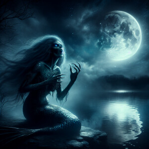 A scary mermaid sings at midnight on the shore of the lake