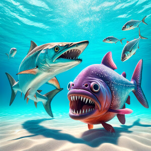 Purple lime piranha no teeth playing with a barracuda