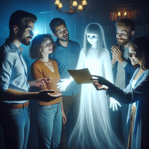 Two guys. Two girls. They are standing in a bright room. One of...