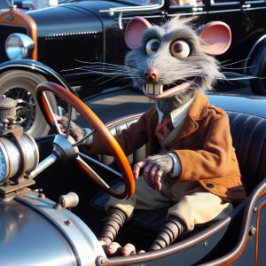 1923 roadster driven by rat fink, rat fink has hand on tall shif...