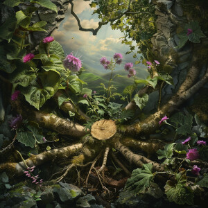 Visualize the enchanting journey of a burdock root as it grows a...