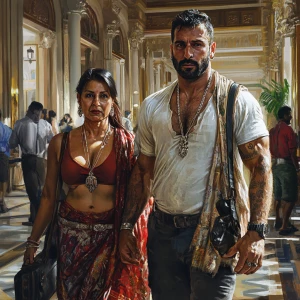 Hyperrealistic Dynamic creation.A sweaty beefy man walking with...