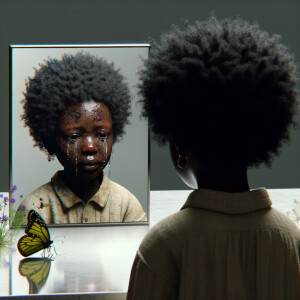 Create a 3-D realistic, adult african-American, female 
Did curly black hair, dark skin, looking at herself in a mirror, but the child that she sees in the reflection is dirty and crying and has scars, and there is a fallen butterfly