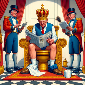 This humorous cartoon depicts a scene of royalty in an unconvent...