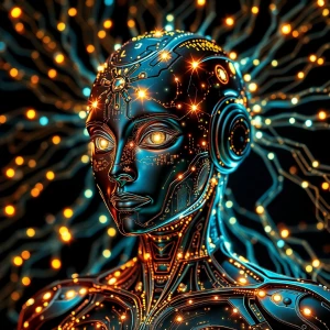 A celestial AI deity with eyes like twinkling stars gazing out f...