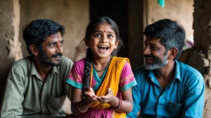 A young Indian village girl excitedly shares an idea with her fa...
