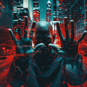Design a futuristic album cover featuring a bald African America...