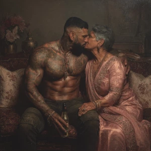 Hyperrealism oil apinting.a muscular beefy sweaty tattoed indian...