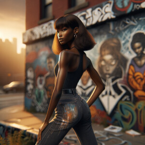 Athletic Thin skinny Attractive, Asian teenage girl, long brown hair and bangs, wearing tight skinny jeans and a halter top paint marks on her clothing, heroic pose Asian graffiti background, backside view