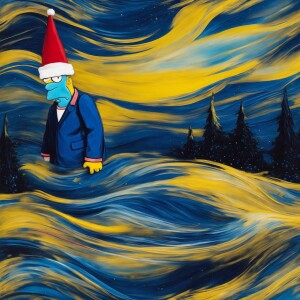 Homer Simpson wearing a red and white Santa hat, exaggerated exp...