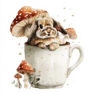 Rabbit under mushroom, watercolor on a white background, mug ill...