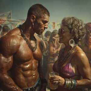 Create a hyperrealistic image of a muscular, sweaty American man...