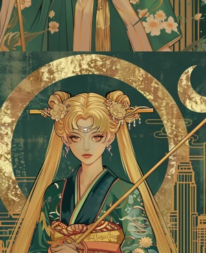 Elegant, cinematic portrait of a Sailor Moon–Geisha heroine in a...