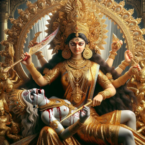 portrait of angry looking goddess durga sitting on a gold crown...