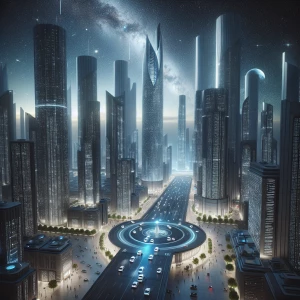 Visualize an advanced urban planet at night, with towering skysc...