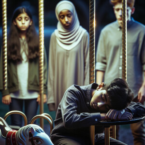 An abandoned playground. The unconscious boy is sitting on the c...