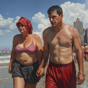 PhotoRealism,a muscular sweaty man walking with his 50 years ol...