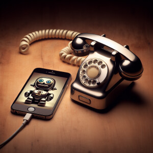 Picture of old 1950 rotary phone next to iPhone with picture of...