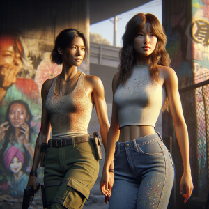 Athletic Thin skinny Attractive, Asian teenage girl, long brown hair and bangs, wearing tight skinny jeans and a halter top paint marks on her clothing, heroic pose Asian graffiti background, backside view