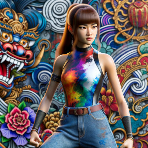 Attractive, Asian teenage girl, long brown hair and bangs, wearing tight skinny jeans and a halter top paint marks on her clothing, backside view heroic pose Asian graffiti