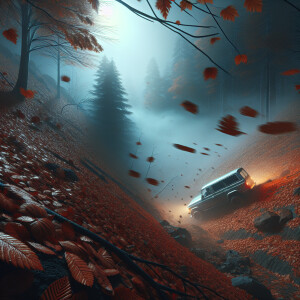 Autumn. Night. Fog. The car is falling down the hill