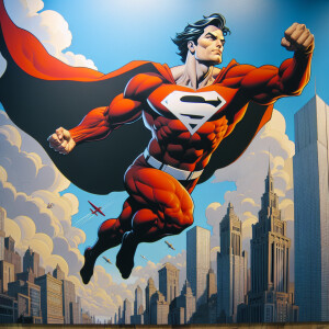 Create an image of Superman in mid-flight above a bustling Metro...