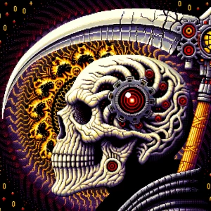 A biomechanical skull with a scythe-like horn curving forward, g...