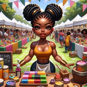 "Envision a digital painting of a vibrant African American chibi character, boasting an athletic yet curvy build. She has wide almond-shaped eyes and luscious full lips. Her hair is elegantly styled into an updo of locs, each adorned with shiny golden cuffs. She stands proudly behind a booth at a bustling craft fair, surrounded by her own handmade colorful soaps and aromatic candles. She wears a branded apron over a cheerful summer dress, actively engaging with customers. The perspective of the artwork is dynamic, with the craft table positioned at an inviting angle, allowing a three-dimensional view of the varied products. Banners flutter above her, displaying the brand name in a festive font. This scene is alive with the fair's energetic atmosphere, focusing on the rich interactions between the creator and her patrons, and showcasing the intricate textures and vivid colors of the crafts."