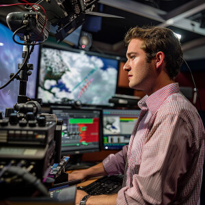 High resolution. Meteorologist reports weather on tv!