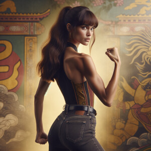 Athletic Thin skinny Attractive, Asian teenage girl, long brown hair and bangs, wearing tight skinny jeans and a halter top paint marks on her clothing, heroic pose Asian graffiti background, backside view