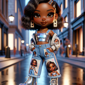 Design a chibi African American girl with warm brown skin, dress...