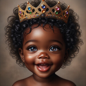 "Create a digital portrait of an adorable african-American baby girl with a joyful expression. She is wearing a gold crown with colorful jewels. Her big, bright blue eyes are wide with wonder, and her tiny mouth is shaped in a happy grin. Her skin has a warm, honey-brown tone, and she has an abundance of thick curly black hair, The background is soft and neutral to keep the focus on her delightful features. The portrait should be vibrant and heartwarming, celebrating the innocence and charm of childhood."