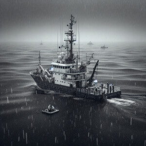 The ship is standing in the middle of the ocean. There are few r...