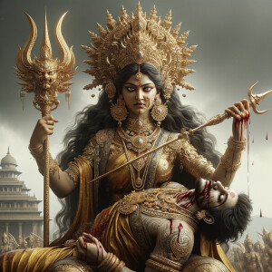 portrait of angry looking goddess durga sitting on a gold crown and carrying a weak mahishasur on her lap and stabbing him with her amazingly designed trident. She is wearing gold armor, a huge gold crown, gold saree, abundant  gold jewelry, covered in blood. The scene is set in ancient India. The image is 8K resolution, cinematic, ultra detailed face and epic.