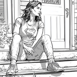 Create a coloring page of woman in a wonder woman like costume s...