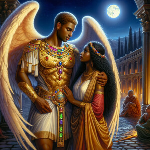 Create an oil painting image featuring a male angel and a grievi...