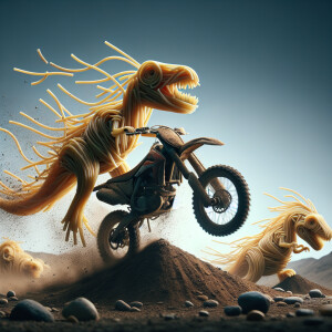 Spaghetti dinosaurs performing stunts on a dirt bike, ultra-deta...