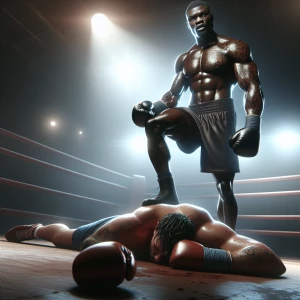 Mike Tyson stands victorious over a Caucasian male boxer, who is...