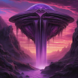 Hyper realistic waterfall with a sunset, sky with purple and pin...