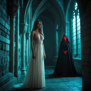 A dimly lit gothic cathedral hallway with intricate stone and we...