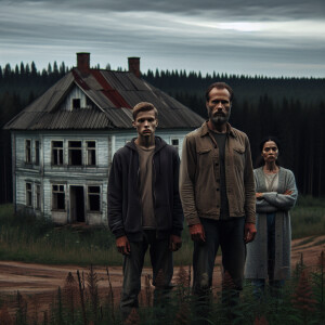 Two men and one woman stand near an abandoned house on the outsk...