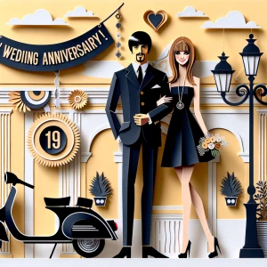 ‘Happy 19th Anniversary!’ Written
A 60s mod vibe with a tan male...