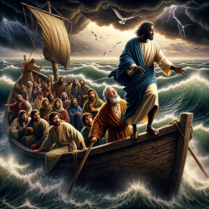 African-American Jesus telling Peter to come walk on the water,...