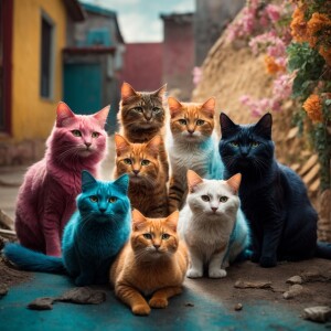 Five mischievous cats of different colors are playing together,...