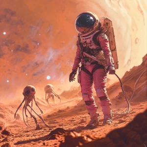 A lone female astronaut in a slightly damaged, high-tech pink sp...