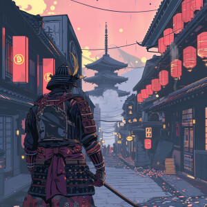 A modern scene with a samurai in the foreground and cryptocurren...