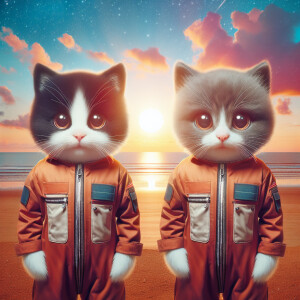 Two alvin kitten wearing jump suit standing like a human on the...