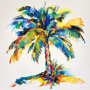 Create an image depicting a bright whimsical robust palm tree wi...